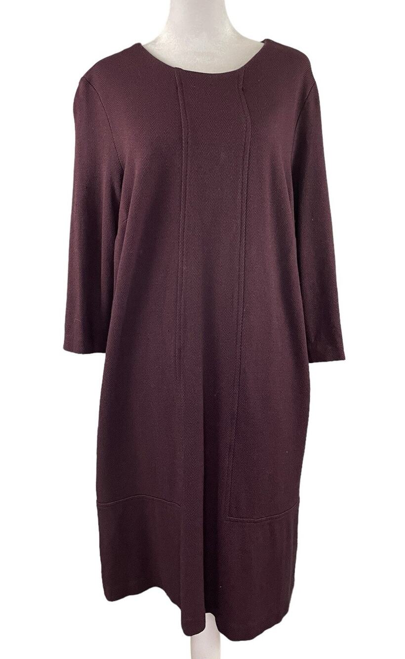 J Jill M Ponte Knit Shift Dress Purple Black Herringbone 3/4 Sleeve Pullover